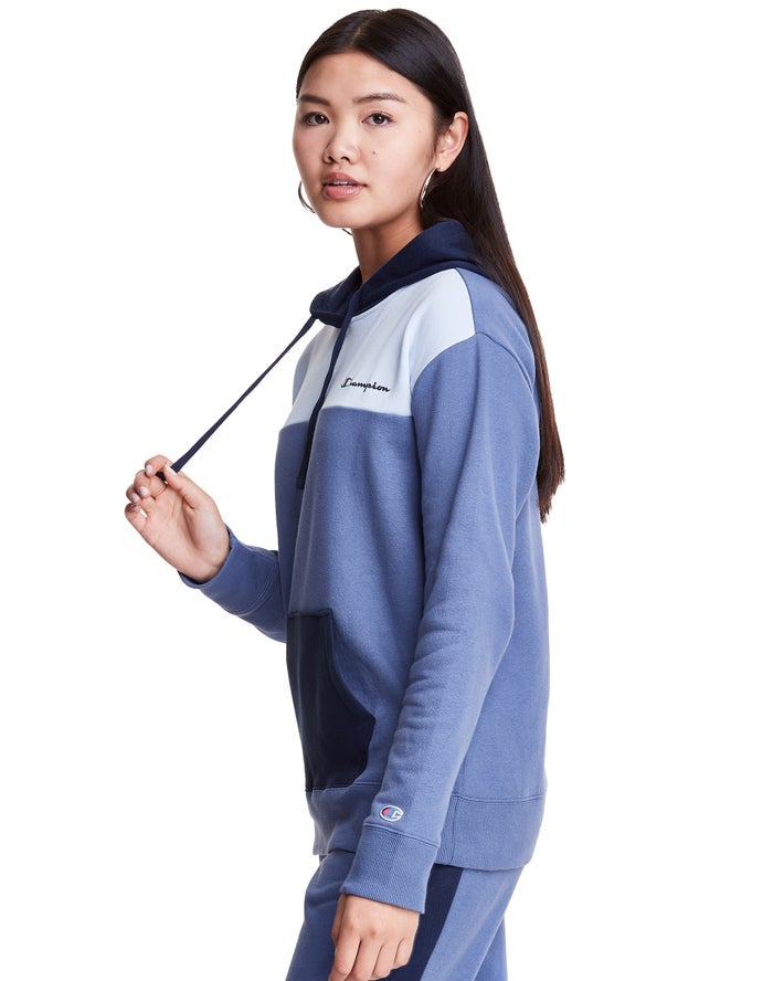 Champion Dame Hættetrøje Blå - Colorblock Fleece - Danmark BNO-853149